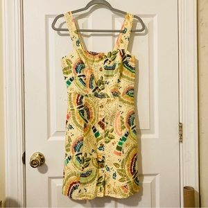 NWOT- Farm Rio Sz S linen dress- soft yellow, tropical & whimsical bird pattern